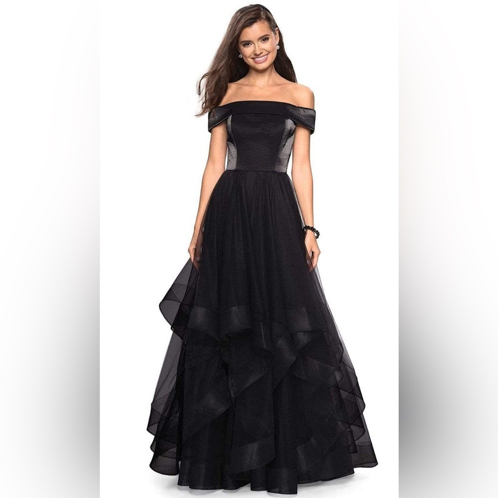 La Femme Black Off-Shoulder Maxi Dress